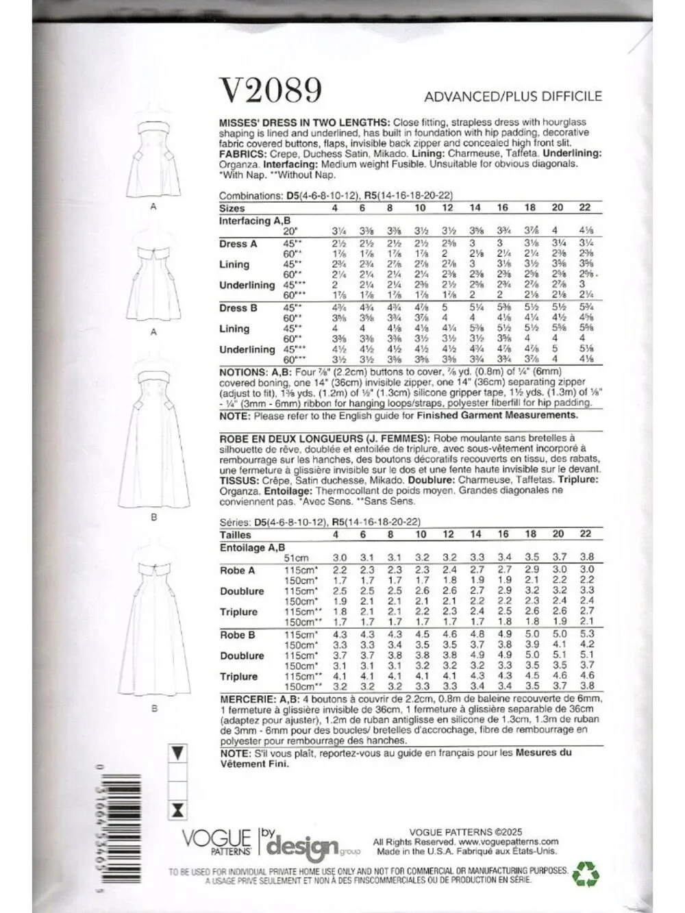 Vogue Patterns V2089 Misses 4 to 12 Strapless Dress Uncut Sewing Pattern
